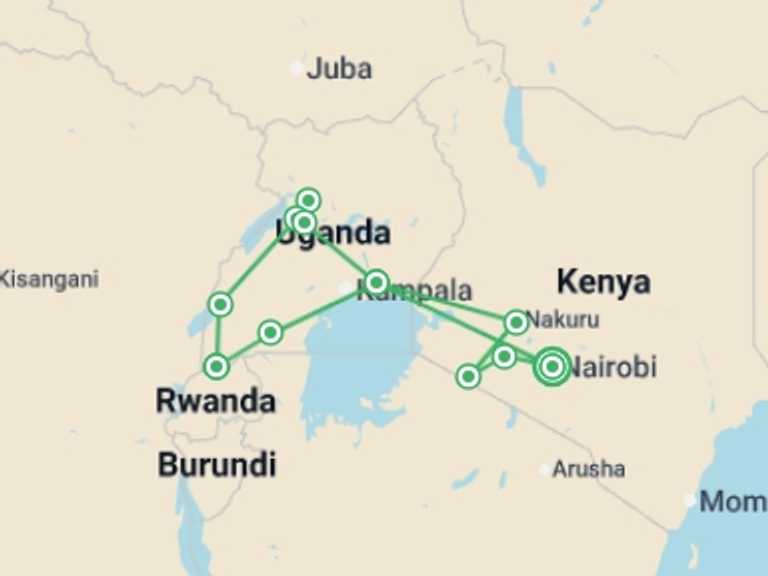 Map itinerary of Kenya Tour in February 2026 with 10 destination visits for the trip: Gorillas & Plains
