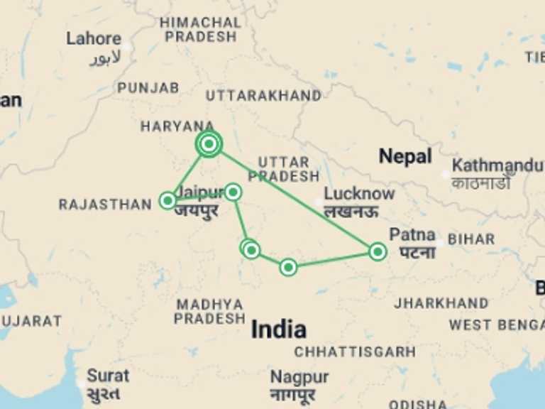 Map of 11-Day New Delhi Tour with 6 destination visits for the trip: Jewel in the Crown - 11 days
