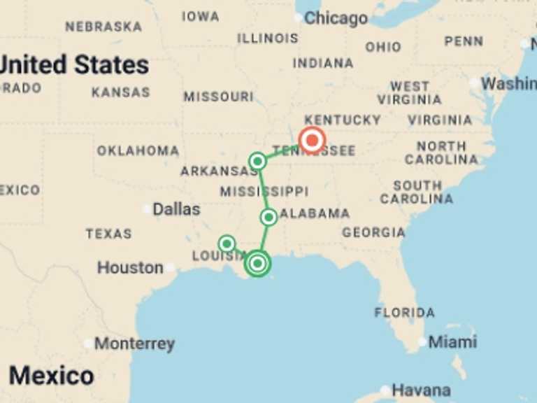 Map itinerary of Memphis Tour in Spring with 5 destination visits for the trip: America's Music Cities featuring New Orleans, Memphis & Nashville