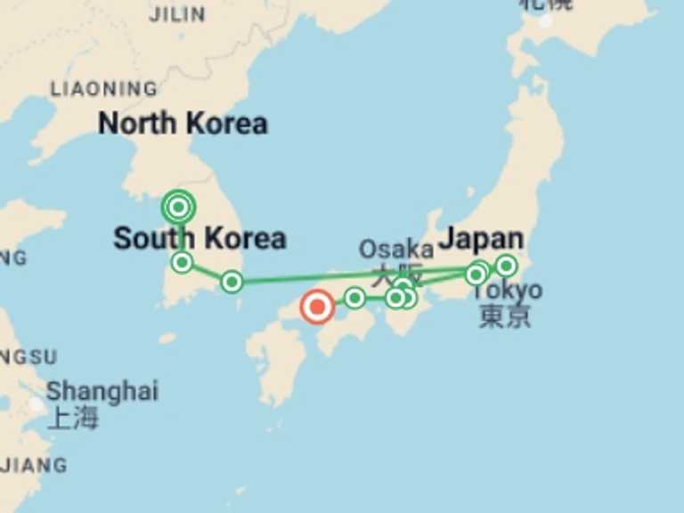 Map of 15-Day Osaka Tour with 9 destination visits for the trip: Shining Korea and Contrasts of Japan