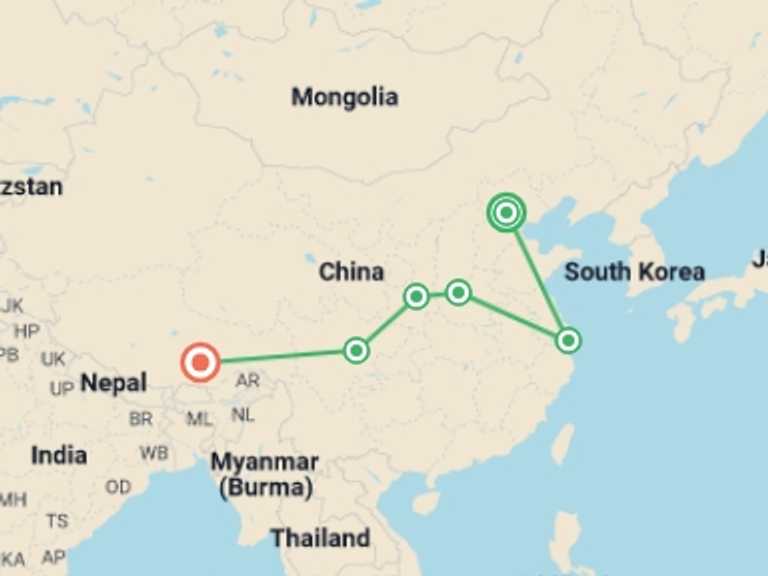 Map of 13-Day China Tour with 6 destination visits for the trip: Essence of China with Chengdu and Lhasa