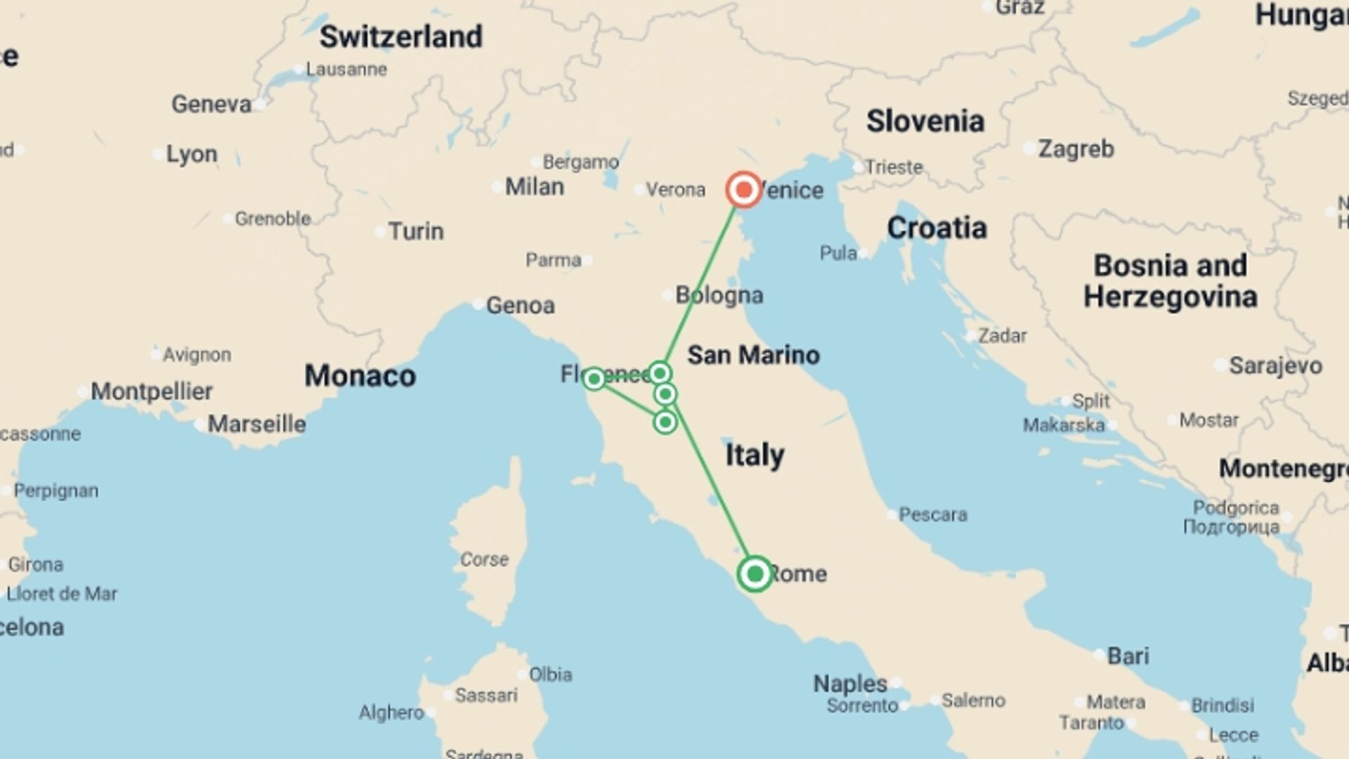 A map showing the tour itinerary for the trip: Signature Tuscany, starting in Rome, Italy and ending in Venice, Italy going through 6 other destinations.
