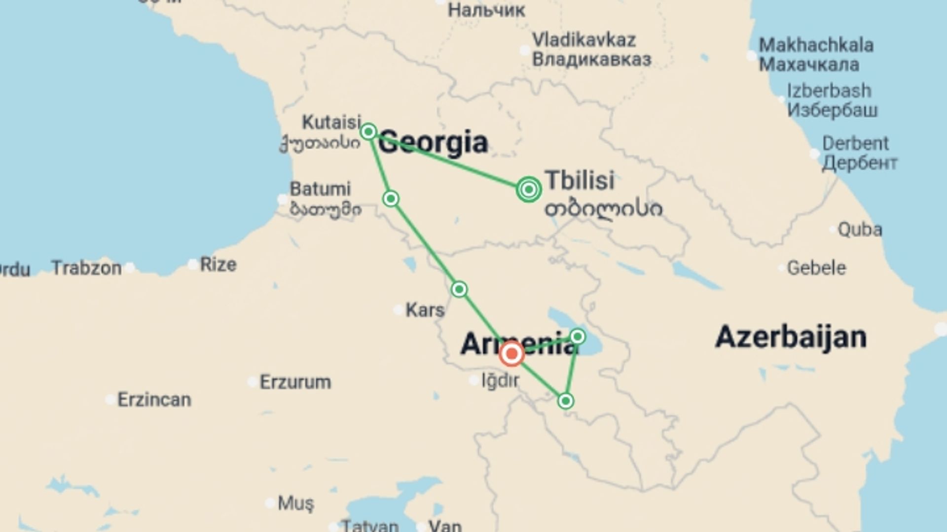 A map showing the tour itinerary for the trip: Georgia & Armenia Explorer, starting in Tbilisi, Georgia and ending in Yerevan, Armenia going through 5 other destinations.