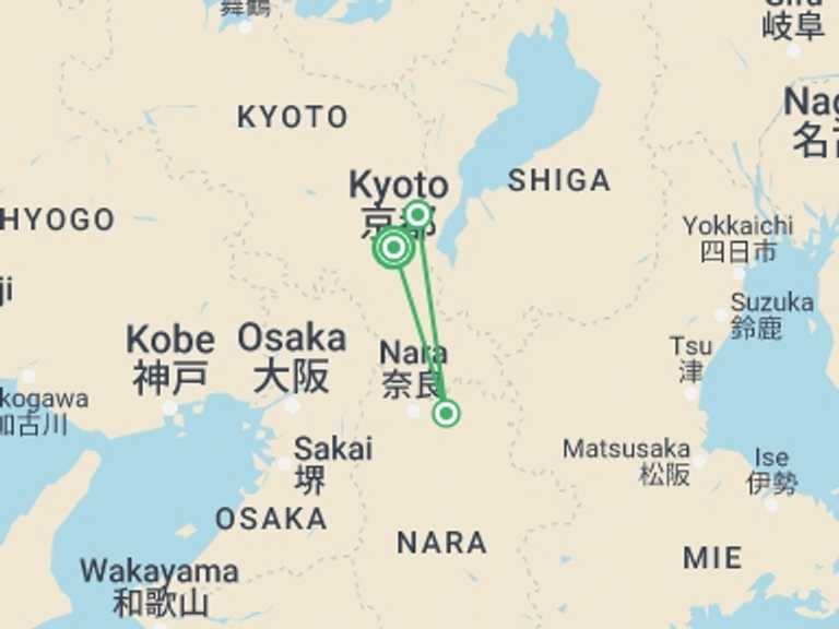 Map of Kyoto Tour with 3 destination visits for the trip: Japan Heritage