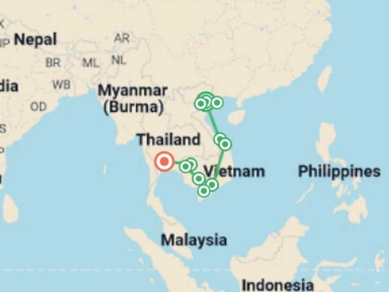Map itinerary of Angkor Wat Tour in September 2027 with 12 destination visits for the trip: Vietnam & Cambodia Adventure