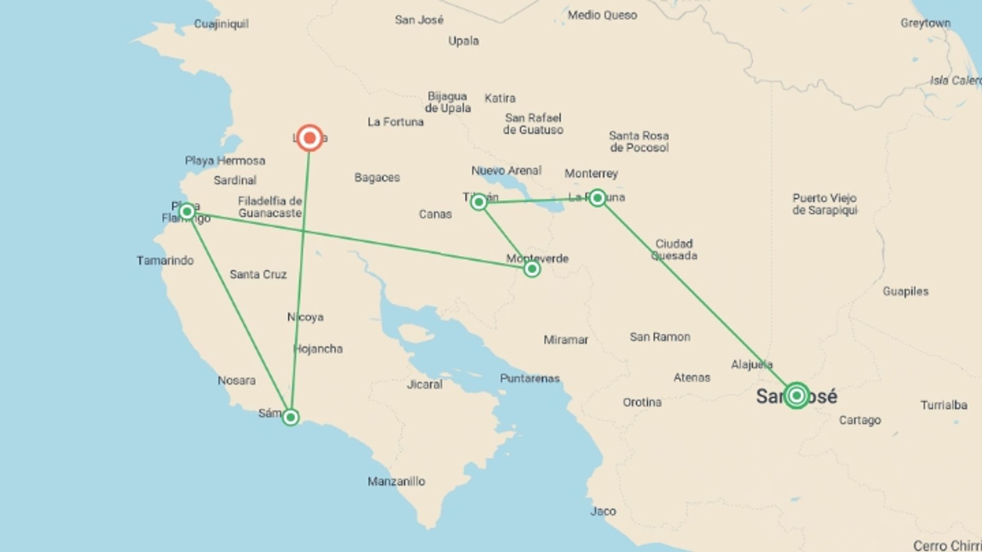 A map showing the tour itinerary for the trip: Costa Rica Active Escape, starting in San Jose, Costa Rica and ending in Liberia Airport, Liberia Airport going through 6 other destinations.