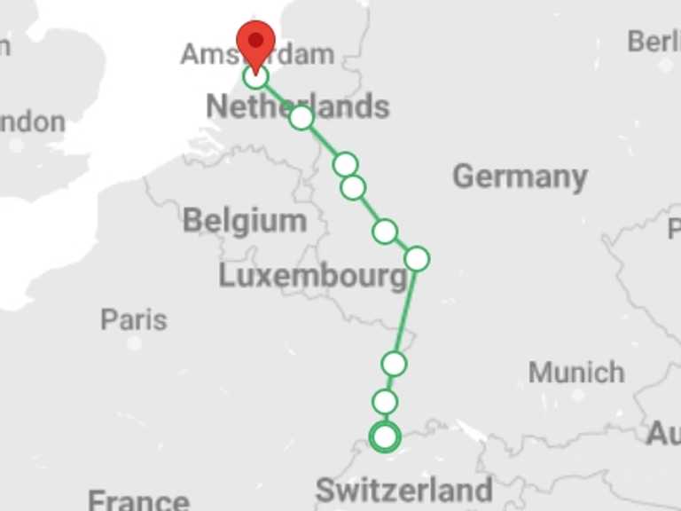 Map of a Cruise Tour with 6 destination visits for the trip: From Basel to Amsterdam : The Treasures of the Celebrated Rhine River (port-to-port cruise)