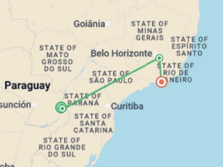 Map of South America Tour with 5 destination visits for the trip: South Brazil: See & Experience it all in 11 Days