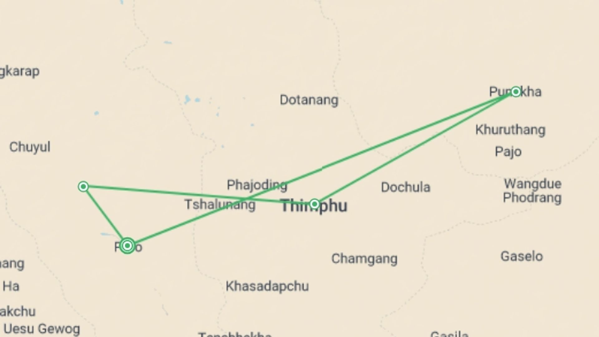 A map showing the tour itinerary for the trip: Glimpses of Bhutan, starting in Paro, Bhutan and ending in Paro, Bhutan going through 3 other destinations.