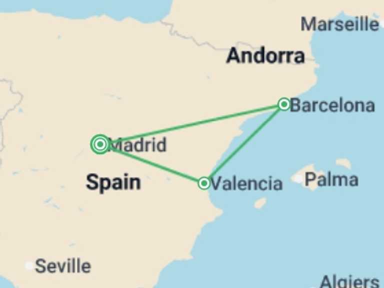 Map of Barcelona Sightseeing Tour with 3 destination visits for the trip: 4-day Guided Tour Valencia & Barcelona From Madrid (c-441)