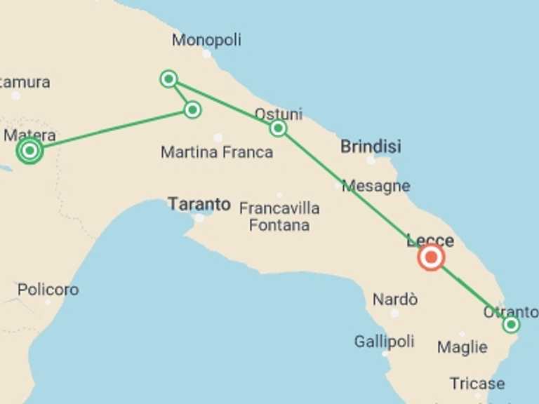 Map of a Food Tour with 7 destination visits for the trip: Discover Puglia: Italy's Ancient Heel