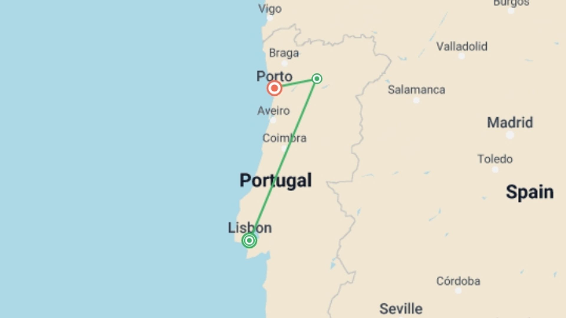 A map showing the tour itinerary for the trip: Solo-ish Portugal, starting in Lisbon, Portugal and ending in Porto, Portugal going through 1 other destinations.