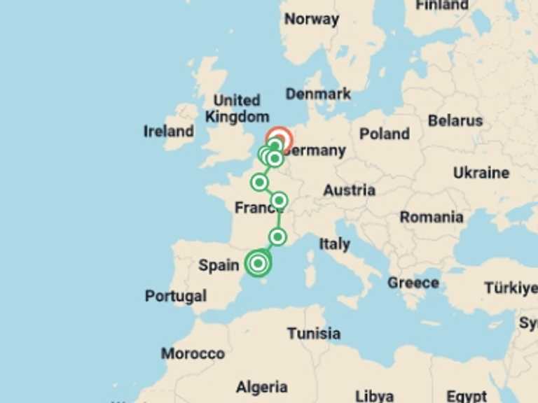Map itinerary of Mediterranean Tour in January 2027 with 10 destination visits for the trip: Barcelona to Amsterdam