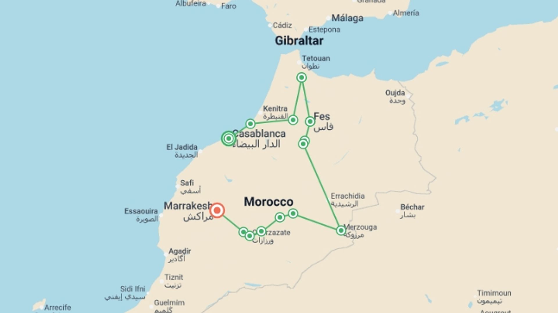 A map showing the tour itinerary for the trip: Magical Morocco - 13 Days, starting in Casablanca, Morocco and ending in Marrakech, Morocco going through 7 other destinations.