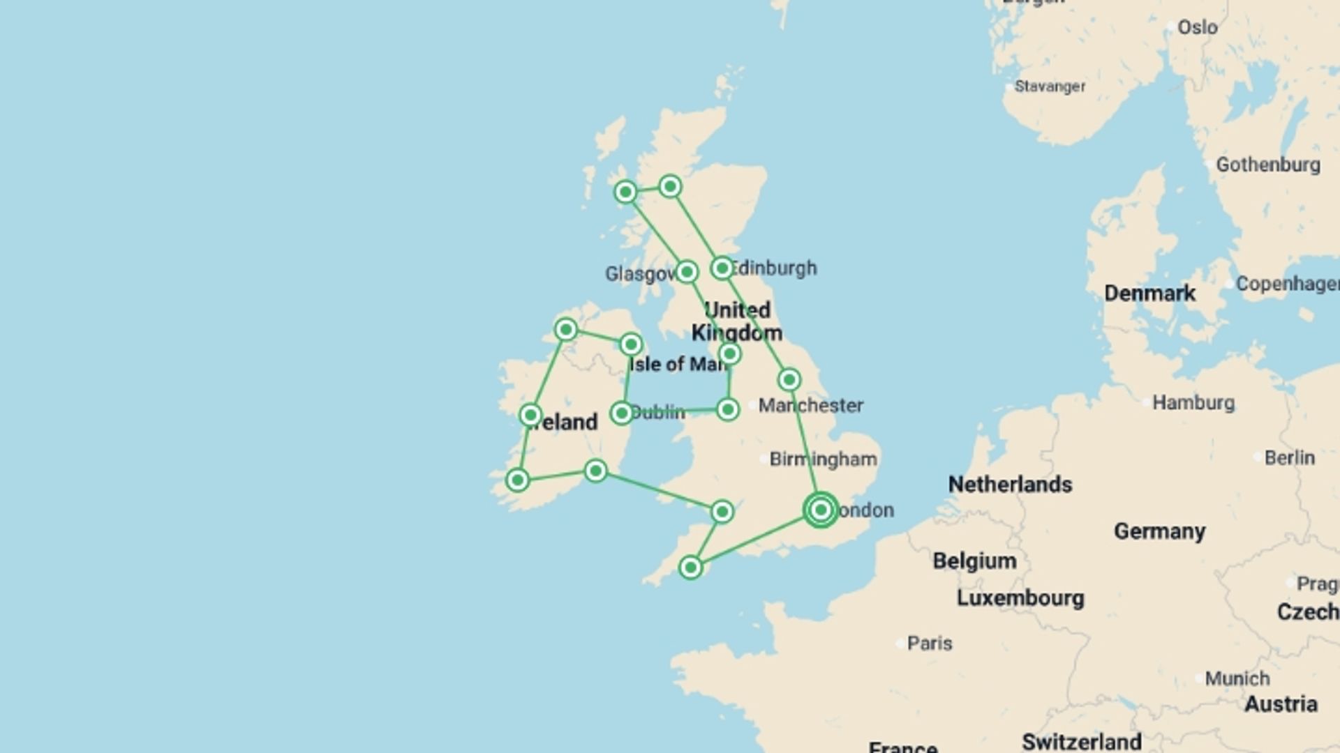A map showing the tour itinerary for the trip: Britain and Ireland Grandeur, starting in London, England and ending in London, England going through 15 other destinations.