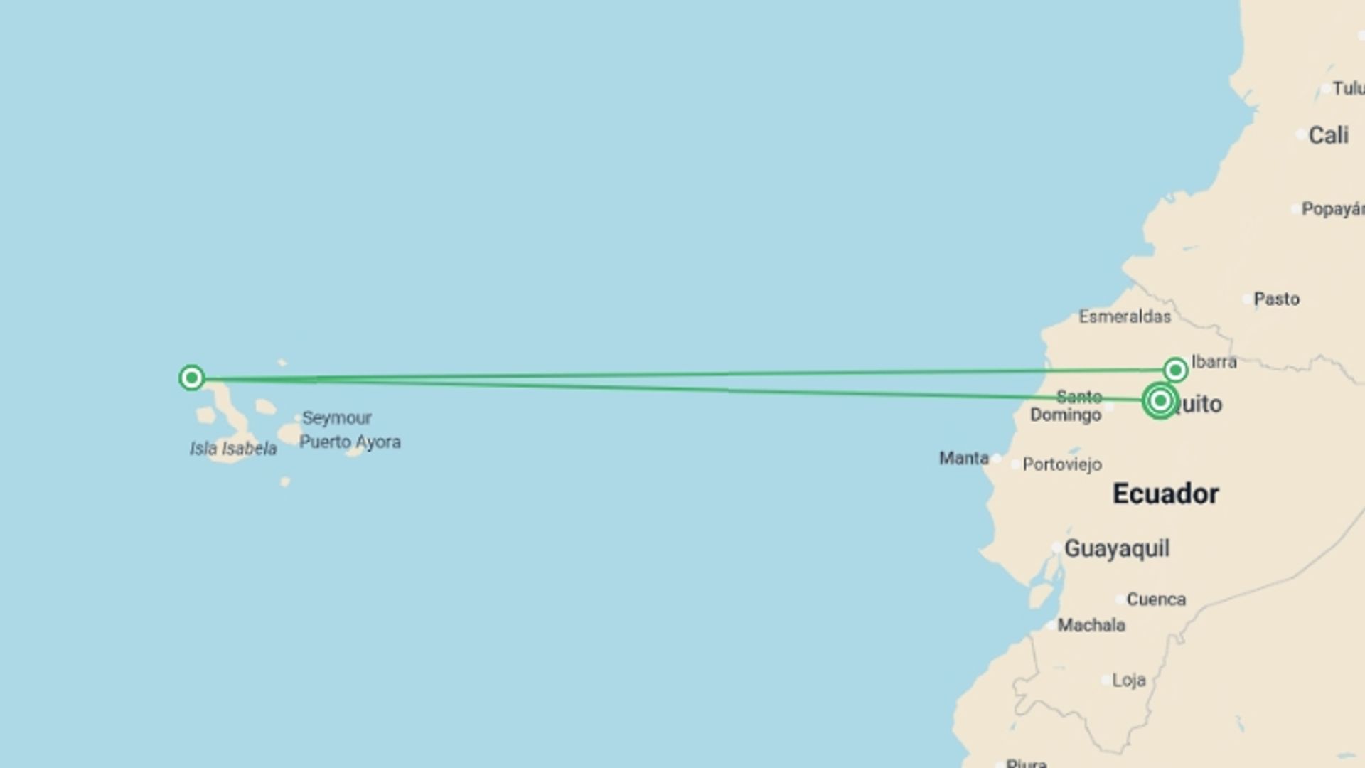 A map showing the tour itinerary for the trip: Ecuador & the Galapagos Islands 12-day tour, starting in Quito, Ecuador and ending in Quito, Ecuador going through 2 other destinations.