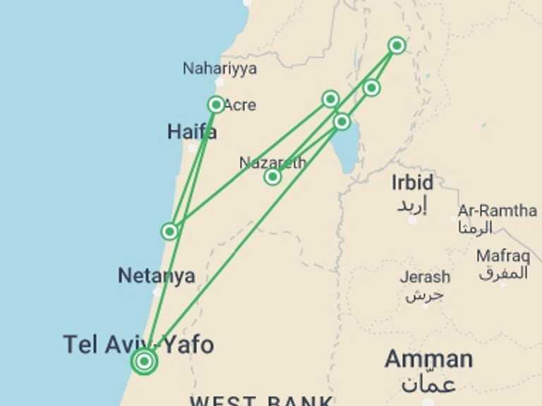 Map itinerary of Tel Aviv Tour in Spring with 4 destination visits for the trip: Nazareth, Caesarea And Golan Tour, 3 Days From Jerusalem