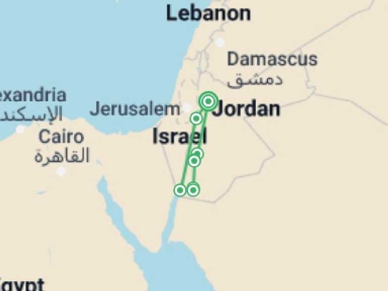 Map itinerary of Jordan Tour in November 2025 with 6 destination visits for the trip: Cycle Jordan: Bike Trail through Petra and Wadi Rum