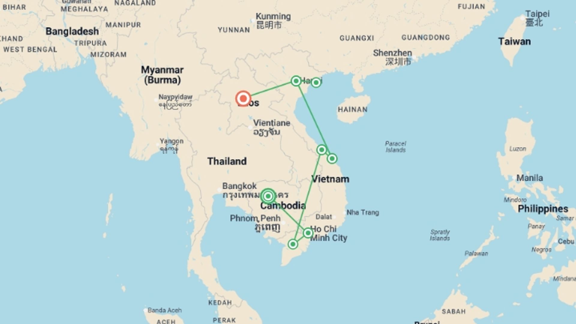 A map showing the tour itinerary for the trip: Inspiring Cambodia, Vietnam & Laos, starting in Siem Reap, Cambodia and ending in Luang Prabang, Laos going through 7 other destinations.