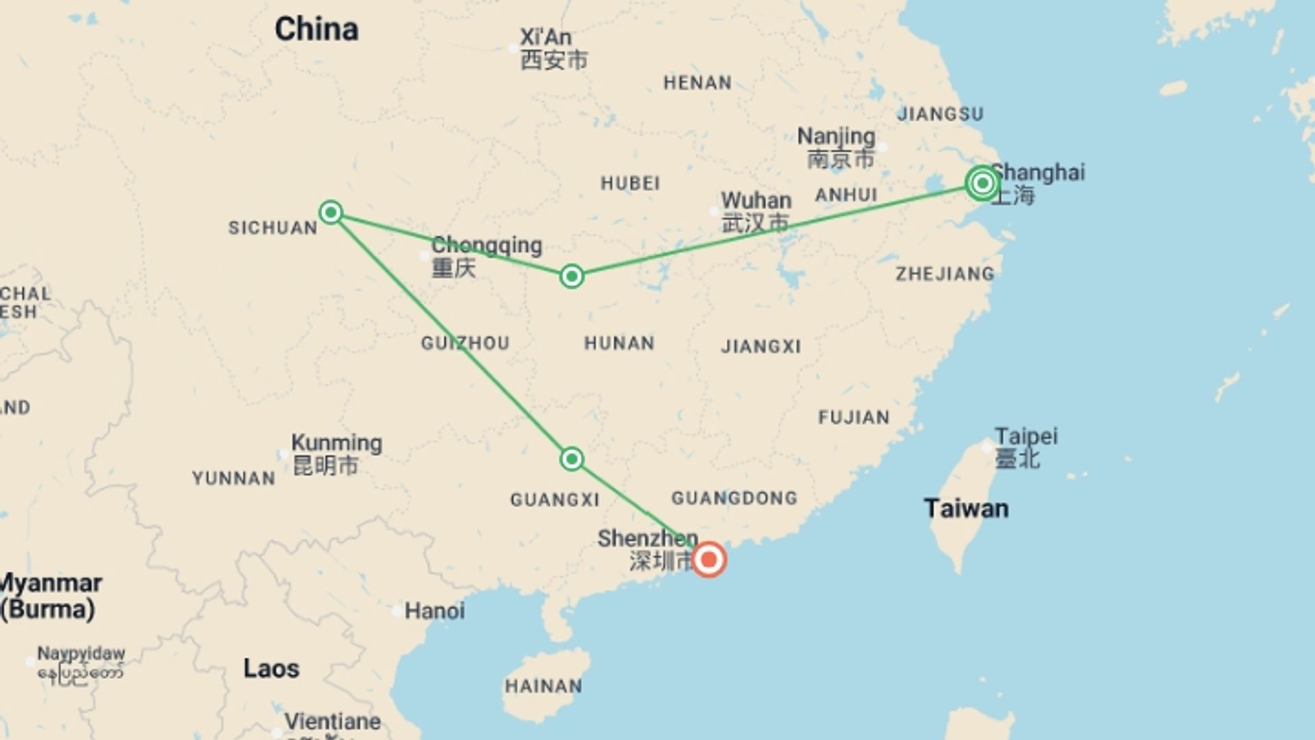 A map showing the tour itinerary for the trip: Journeys: Pandas & the Peaks of Zhangjiajie, starting in Shanghai, China and ending in Hong Kong, Hong Kong going through 3 other destinations.