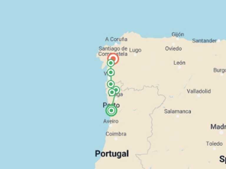 Map of Europe Tour with 7 destination visits for the trip: Portuguese Camino Cycle - Porto to Santiago