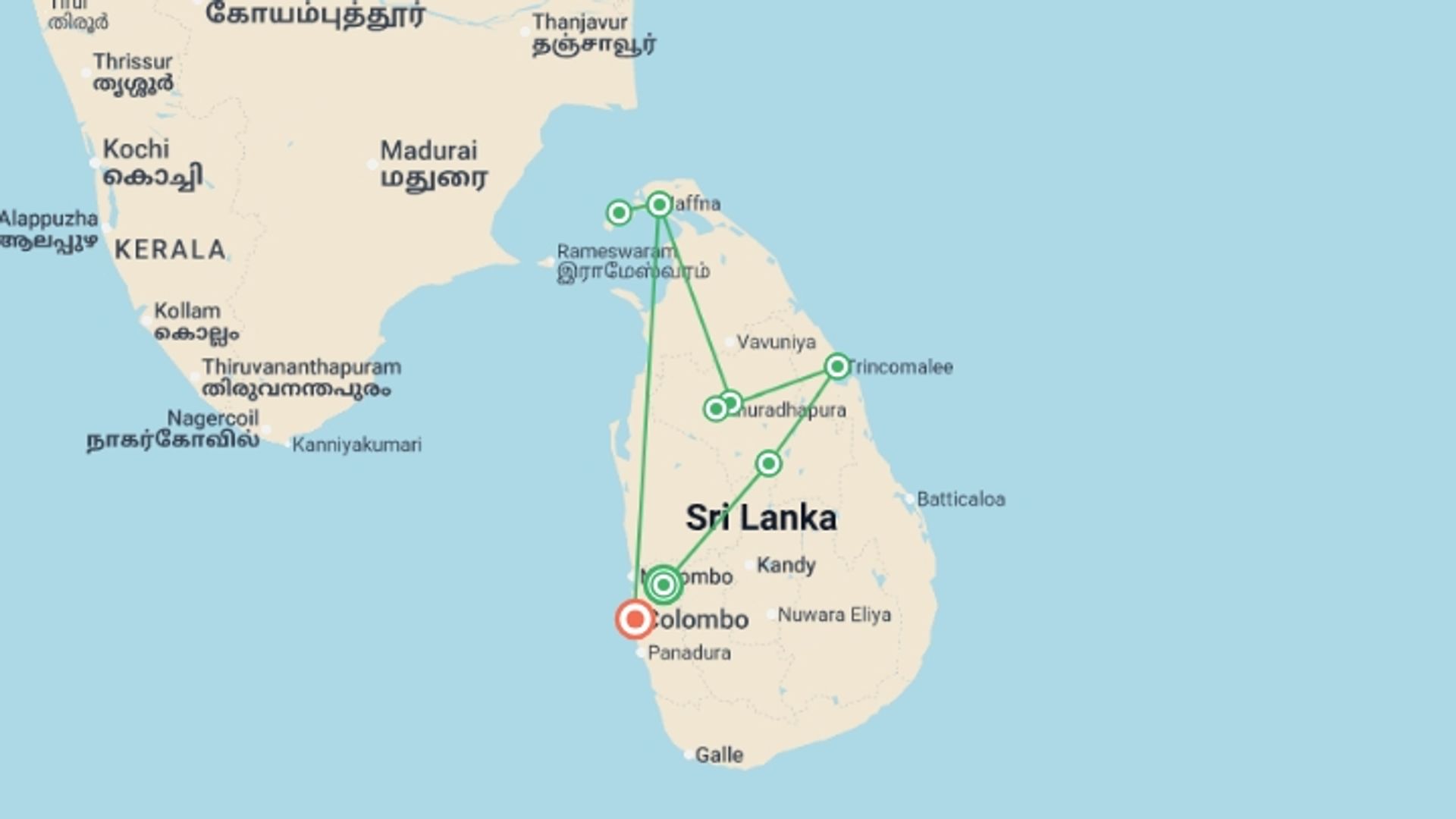 A map showing the tour itinerary for the trip: Highlights of Northern Sri Lanka, starting in Veyangoda, Sri Lanka and ending in Colombo, Sri Lanka going through 6 other destinations.