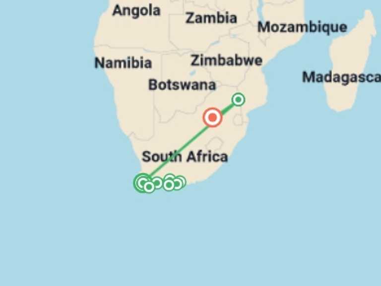 Map itinerary of Africa Tour in April 2027 with 8 destination visits for the trip: South Africa Escape