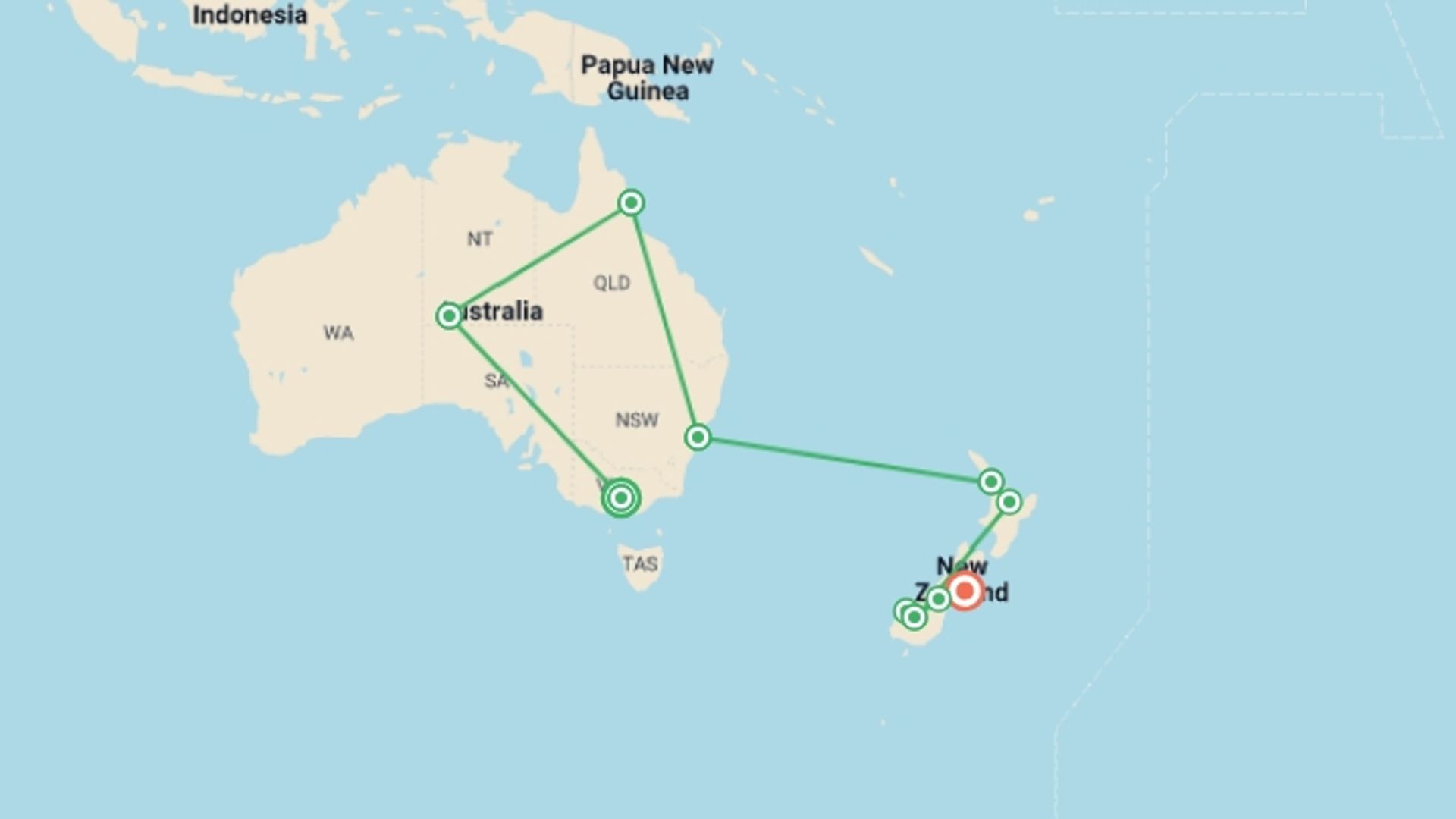 A map showing the tour itinerary for the trip: Highlights of Australia and New Zealand, starting in Melbourne, Australia and ending in Christchurch, New Zealand going through 8 other destinations.