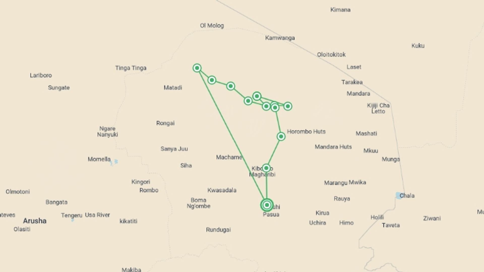 A map showing the tour itinerary for the trip: Ten-Day Kilimanjaro Climb: Northern Circuit, starting in Moshi, Tanzania and ending in Moshi, Tanzania going through 11 other destinations.