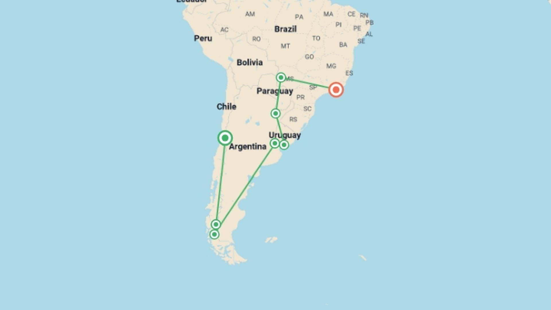 A map showing the tour itinerary for the trip: Santiago To Rio (51 Days), starting in Santiago, Chile and ending in Rio de Janeiro, Brazil going through 6 other destinations.