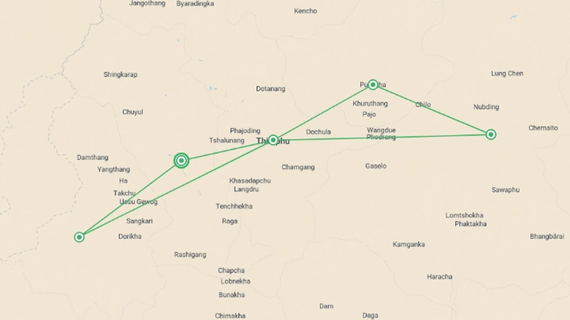 A map showing the tour itinerary for the trip: Journeys: Wonders of Bhutan, starting in Paro, Bhutan and ending in Paro, Bhutan going through 5 other destinations.