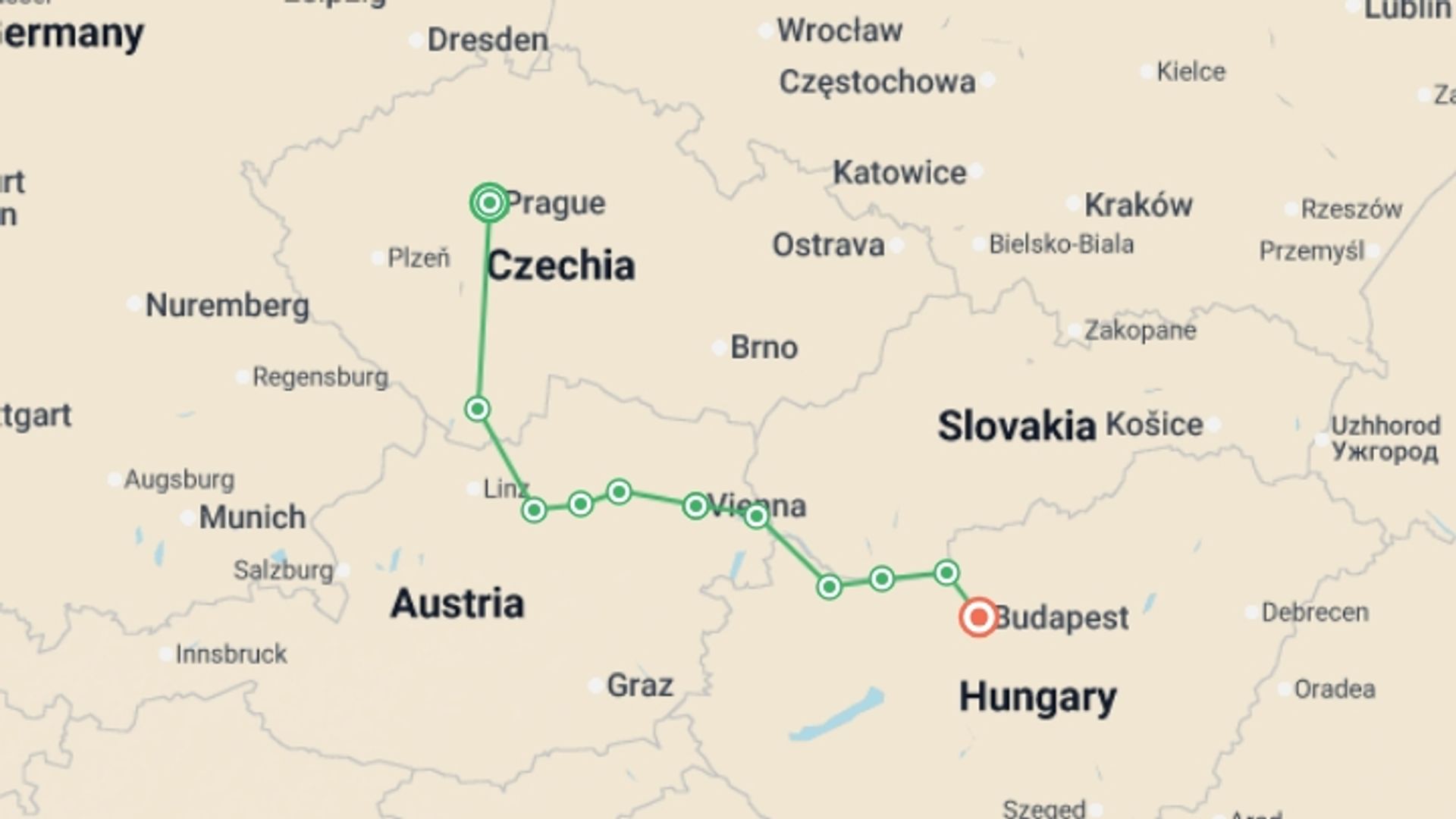 A map showing the tour itinerary for the trip: Cycle Central Europe & the Danube, starting in Prague, Czech Republic and ending in Budapest, Hungary going through 9 other destinations.
