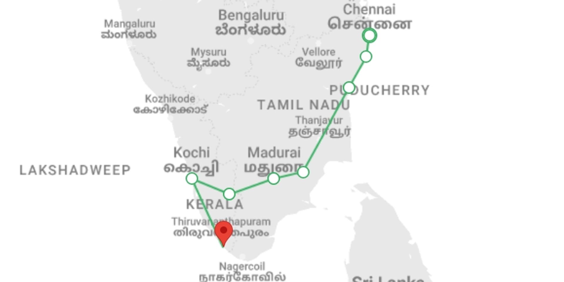 A map showing the tour itinerary for the trip: Classic South India, starting in Chennai, India and ending in Kovalam, India going through 5 other destinations.