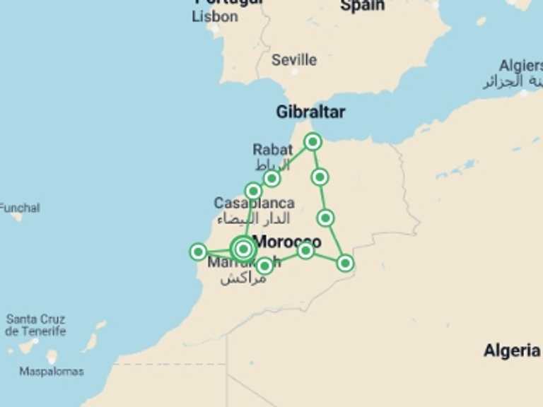 Map itinerary of Marrakech Tour in Summer with 9 destination visits for the trip: Camels, Souks & Kasbahs - 15 Days