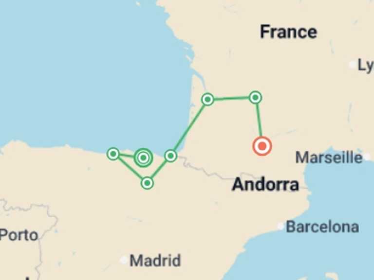 Map of France and Spain Tour with 7 destination visits for the trip: Signature: Northern Spain & the Vineyards of Southwest France