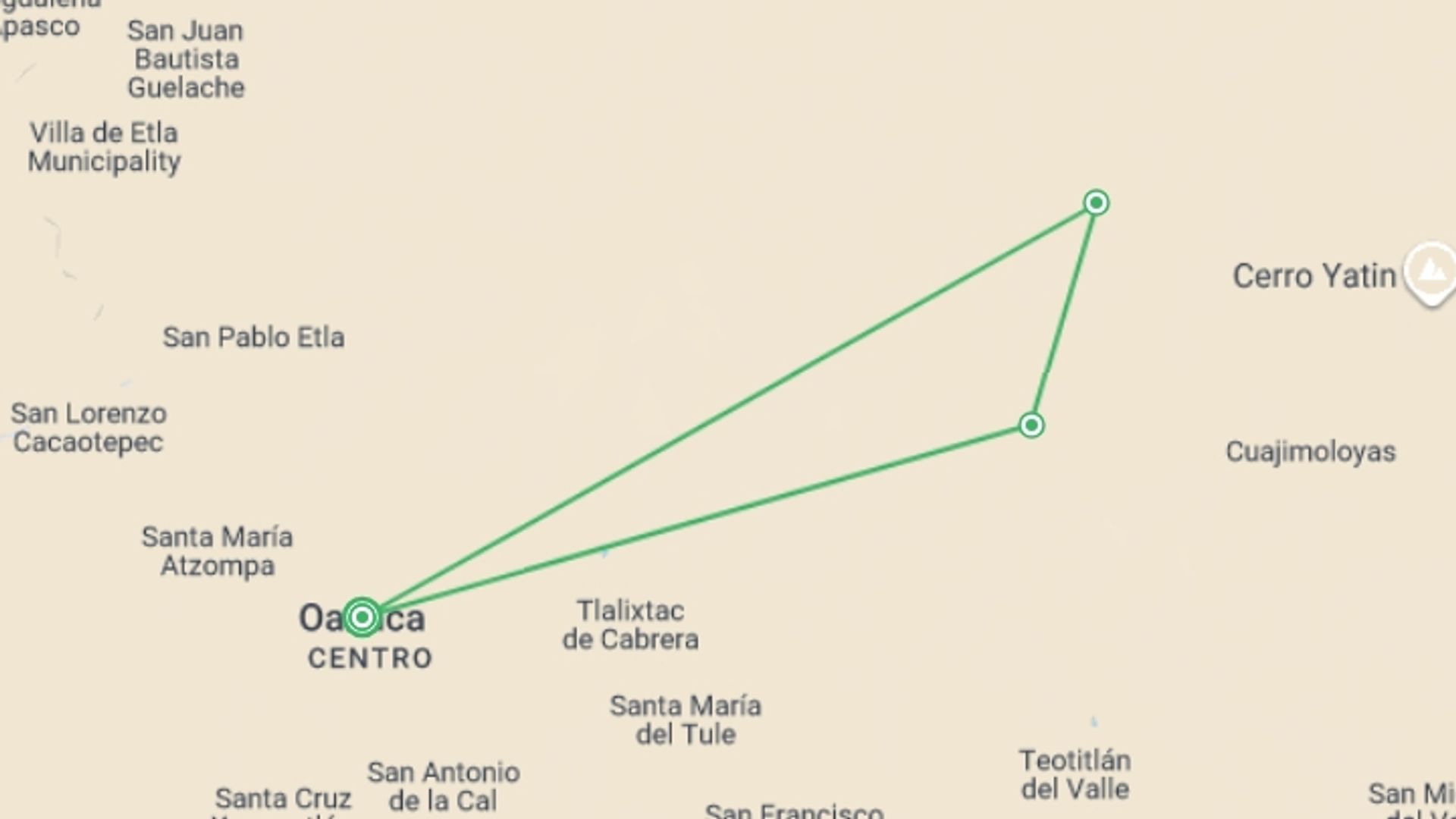 A map showing the tour itinerary for the trip: Hiking in Mexico: Oaxaca’s Indigenous Highlands, starting in Oaxaca, Mexico and ending in Oaxaca, Mexico going through 2 other destinations.