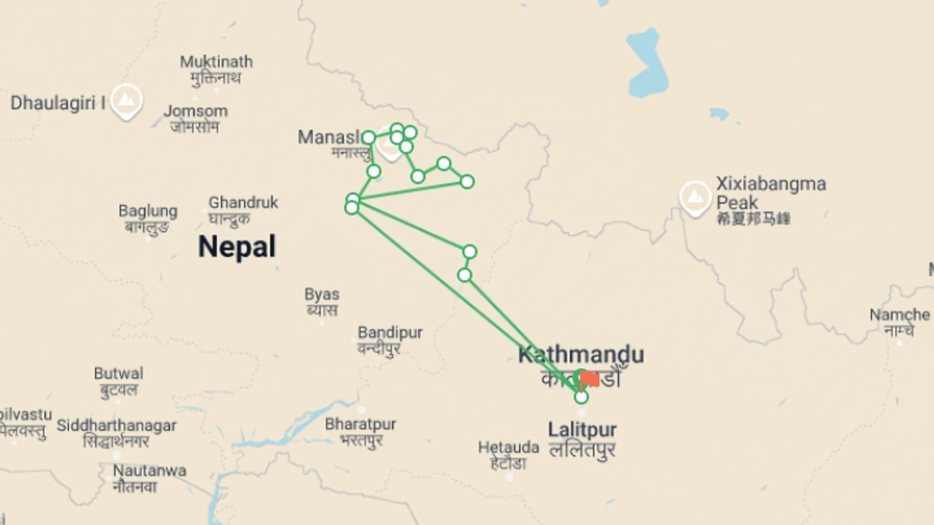 A map showing the tour itinerary for the trip: Manaslu Circuit  Trek , starting in Kathmandu, Nepal and ending in Kathmandu, Nepal going through 14 other destinations.