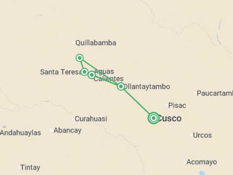 Map of Santa Teresa Tour with 4 destination visits for the trip: Inca Jungle Trek to Machu Picchu 4D/3N (Biking, Zip-Line & Rafting)