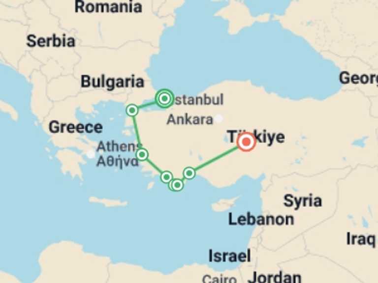 Map itinerary of Europe Tour in Summer with 9 destination visits for the trip: Best of Turkey