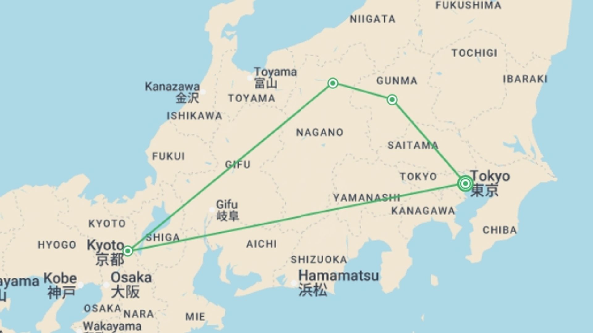 A map showing the tour itinerary for the trip: Tokyo, Kyoto and Alps GO, starting in Tokyo, Japan and ending in Tokyo, Japan going through 3 other destinations.