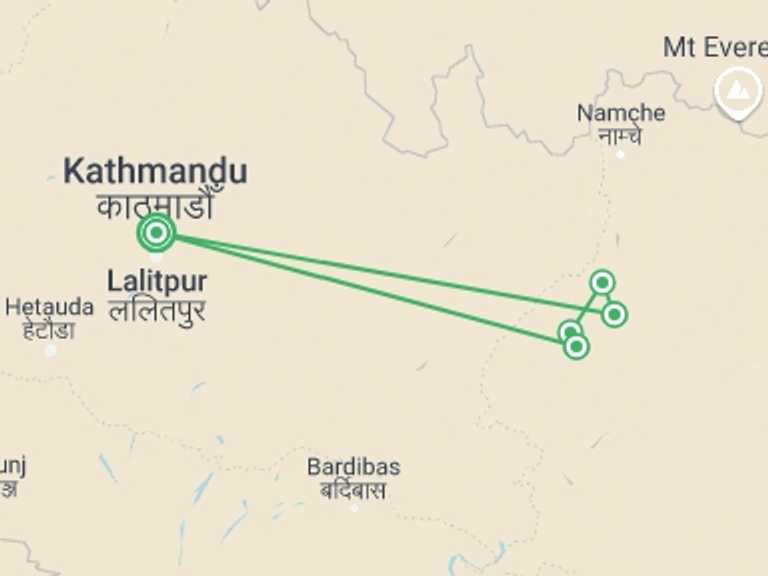 Map itinerary of Nepal Tour in Winter with 6 destination visits for the trip: Pikey Peak Trek