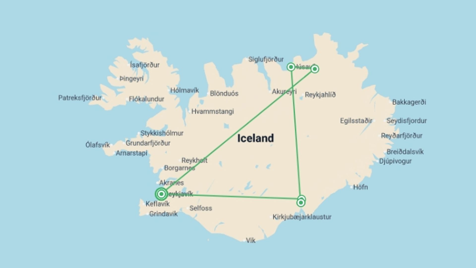 A map showing the tour itinerary for the trip: Iceland - Land of the Midnight Sun, starting in Reykjavik, Iceland and ending in Reykjavik, Iceland going through 4 other destinations.