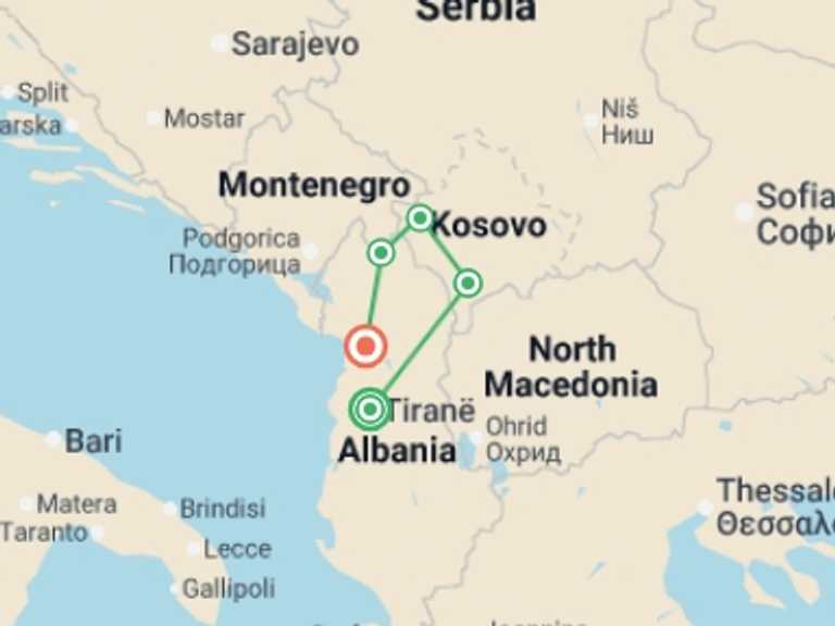 Map itinerary of Balkans Tour in May 2027 with 5 destination visits for the trip: Discover North Albania & Kosovo