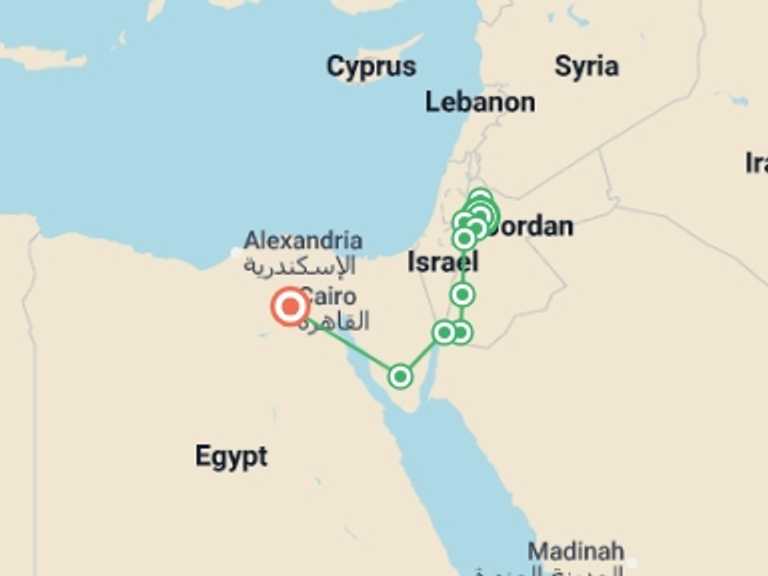 Map itinerary of Mediterranean Tour in July 2026 with 6 destination visits for the trip: Lights of Jordan and Cairo