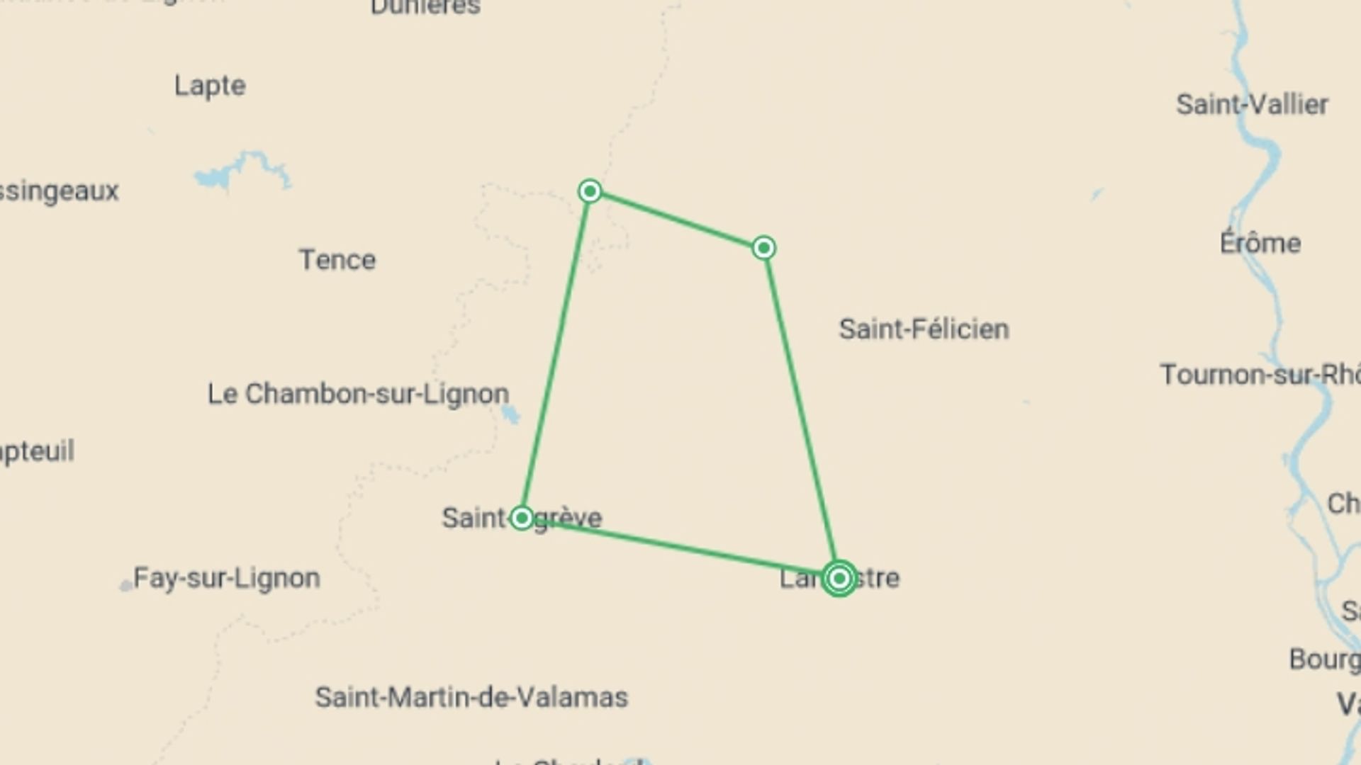 A map showing the tour itinerary for the trip: Secret France: Walking in the Ardeche - 8 Days, starting in Lamastre, France and ending in Lamastre, France going through 4 other destinations.
