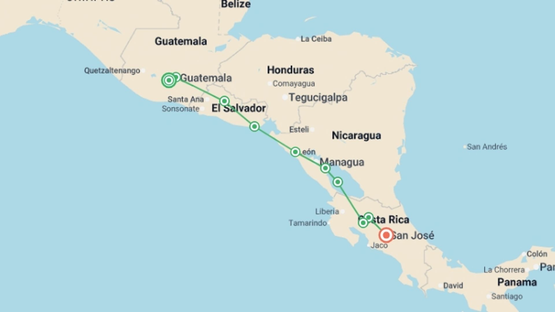 A map showing the tour itinerary for the trip: Central American Journey, starting in Antigua, Guatemala and ending in San Jose, Costa Rica going through 10 other destinations.