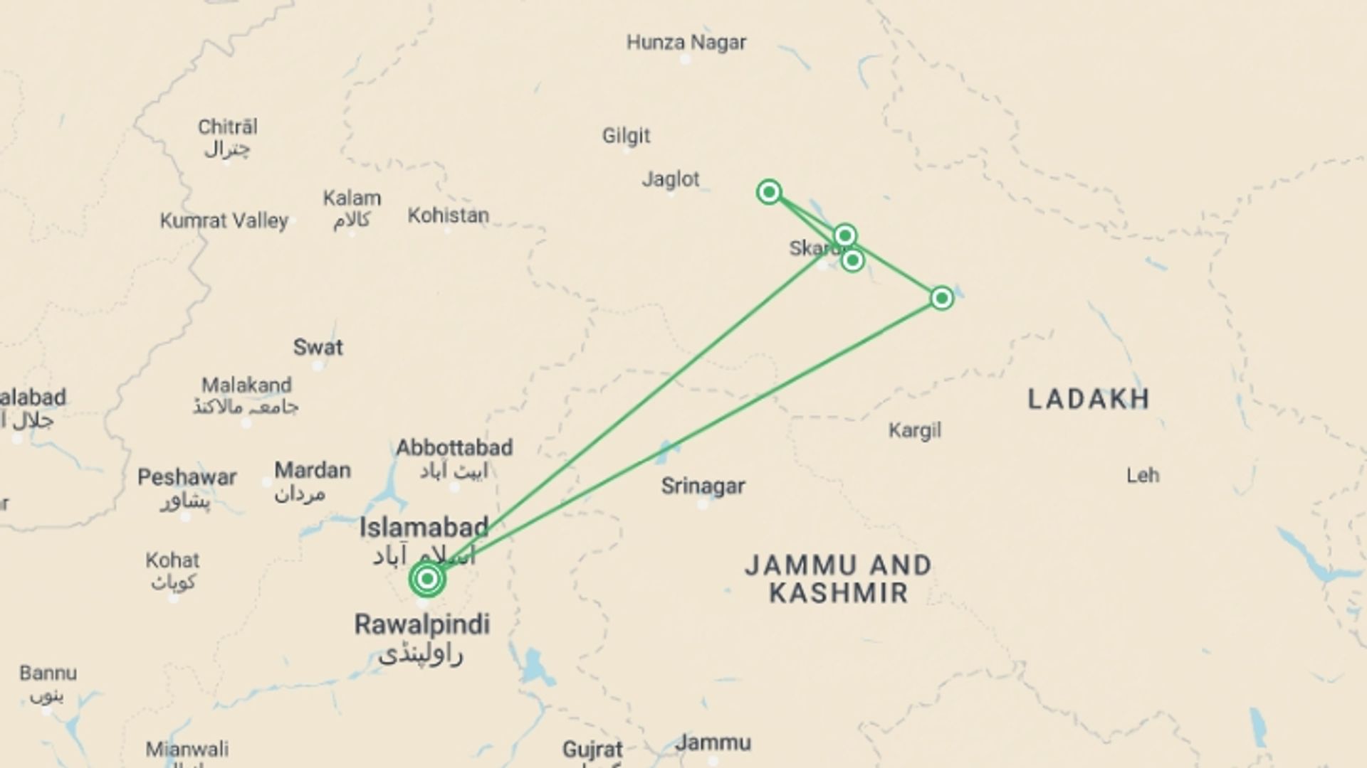 A map showing the tour itinerary for the trip: Pakistan: Hike the Karakoram Mountains, starting in Islamabad, Pakistan and ending in Islamabad, Pakistan going through 4 other destinations.