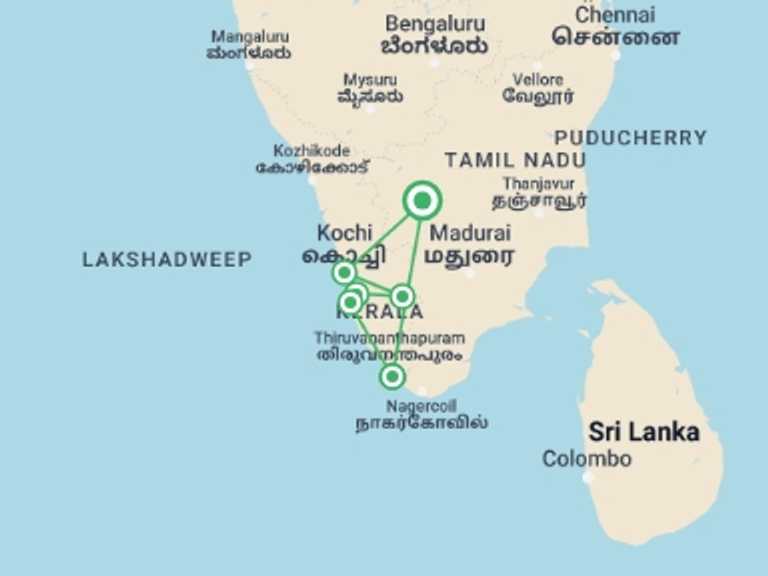 Map itinerary of Chennai Tour in October 2025 with 7 destination visits for the trip: Kerala South India