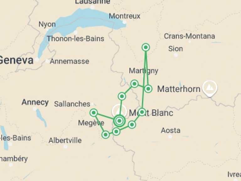 Map of a Adventure Tour with 11 destination visits for the trip: Mont Blanc Encompassed Guided Hike