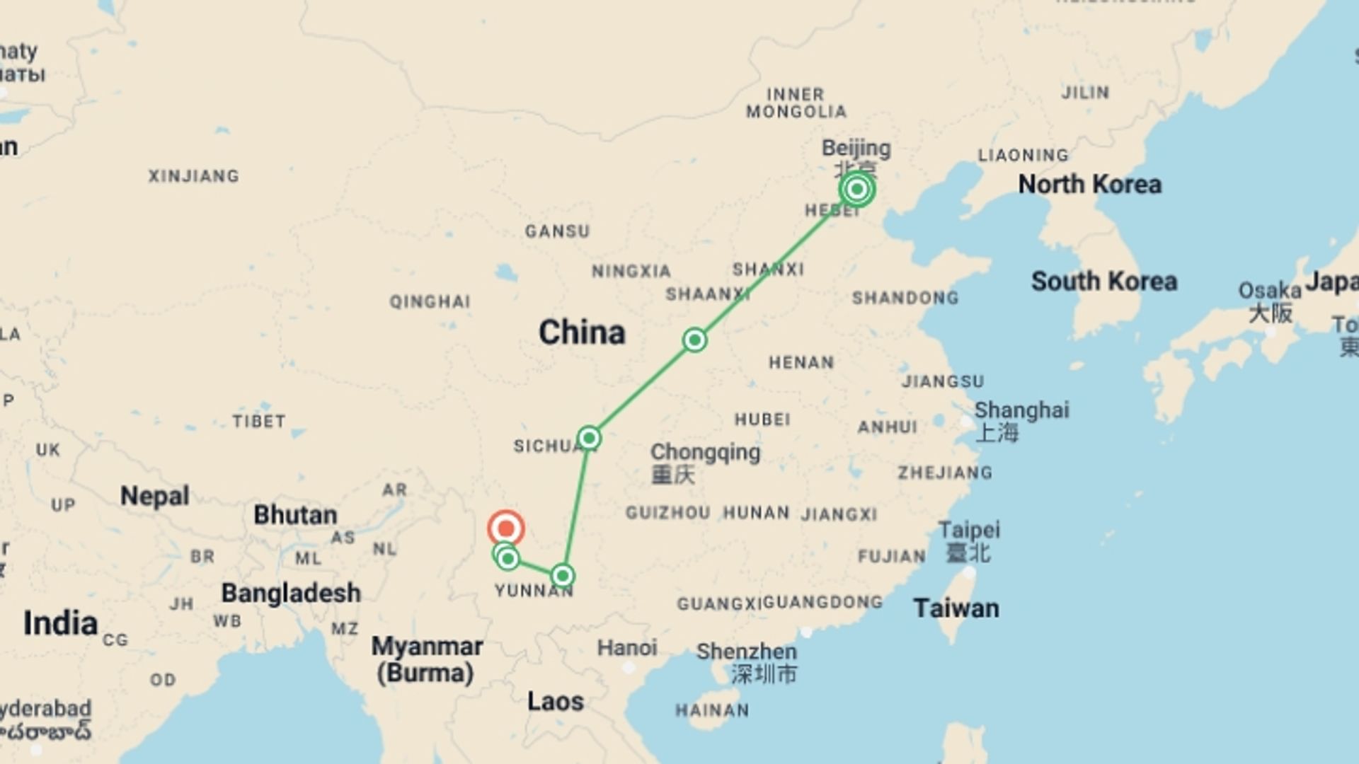 A map showing the tour itinerary for the trip: Beijing, Xian, Chengdu and Corners of Yunnan, starting in Beijing, China and ending in Lijiang, china going through 4 other destinations.